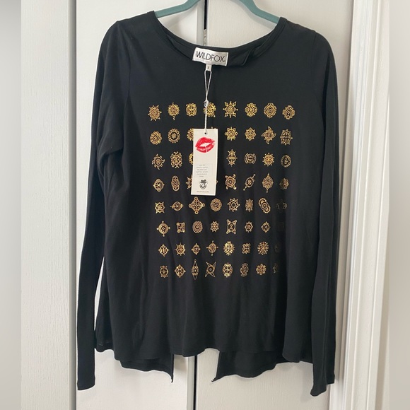 Wildfox Tops - NWT Wildfox black top with gold symbols and back slit